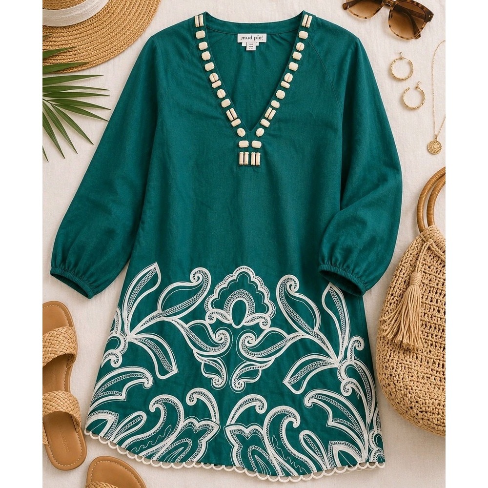 NWT Emerald Green Embroidered Tunic Dress XXS Coastal Resort Vacation Chic